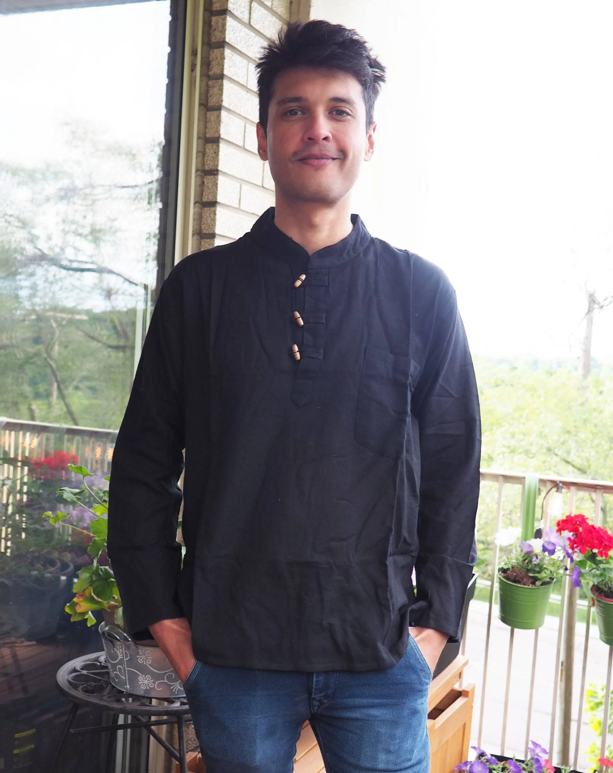 Men's Handmade Casual Boho Cotton Shirt Size S-M-L-XL Black