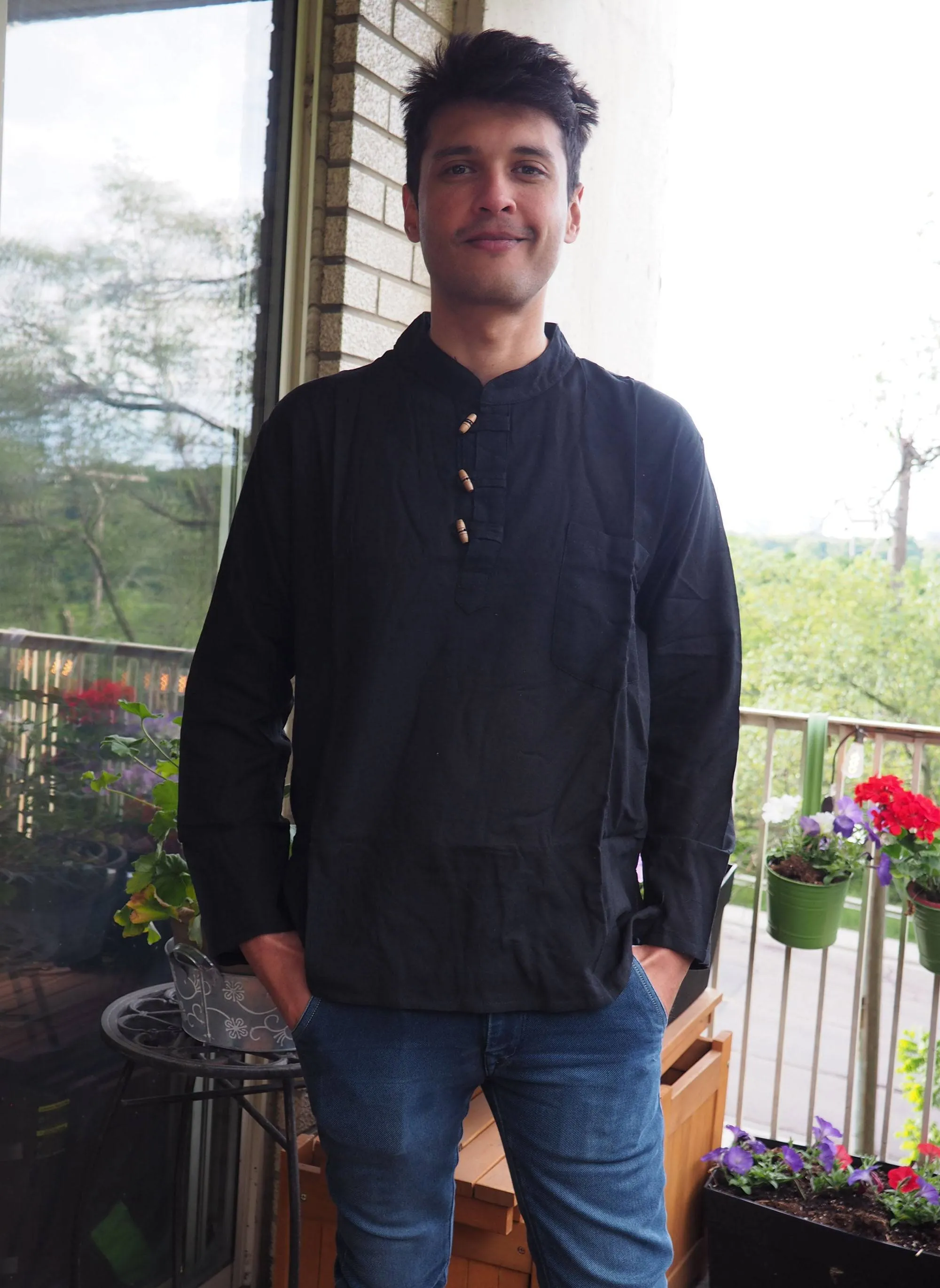 Men's Handmade Casual Boho Cotton Shirt Size S-M-L-XL Black