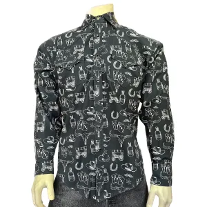 Men's Vintage Black Hat & Horse Shoe Card Western Print