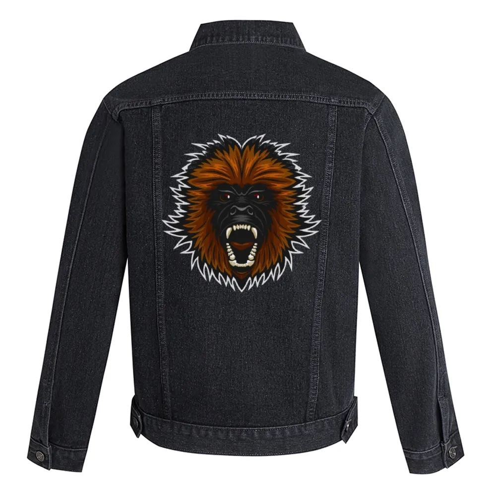 Mens Vintage Cartoon Chimpanzee Head Prints Denim Jacket