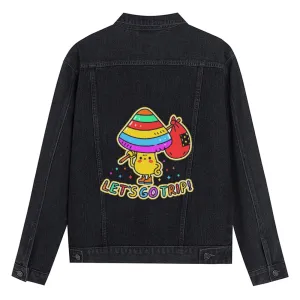 Mens Vintage Cartoon Prints LET'S GO TRIP! Denim Jacket