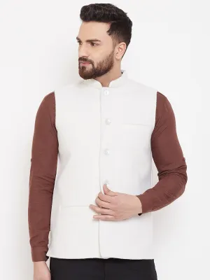 Men's White Wool Nehru Jacket  - Even Apparels