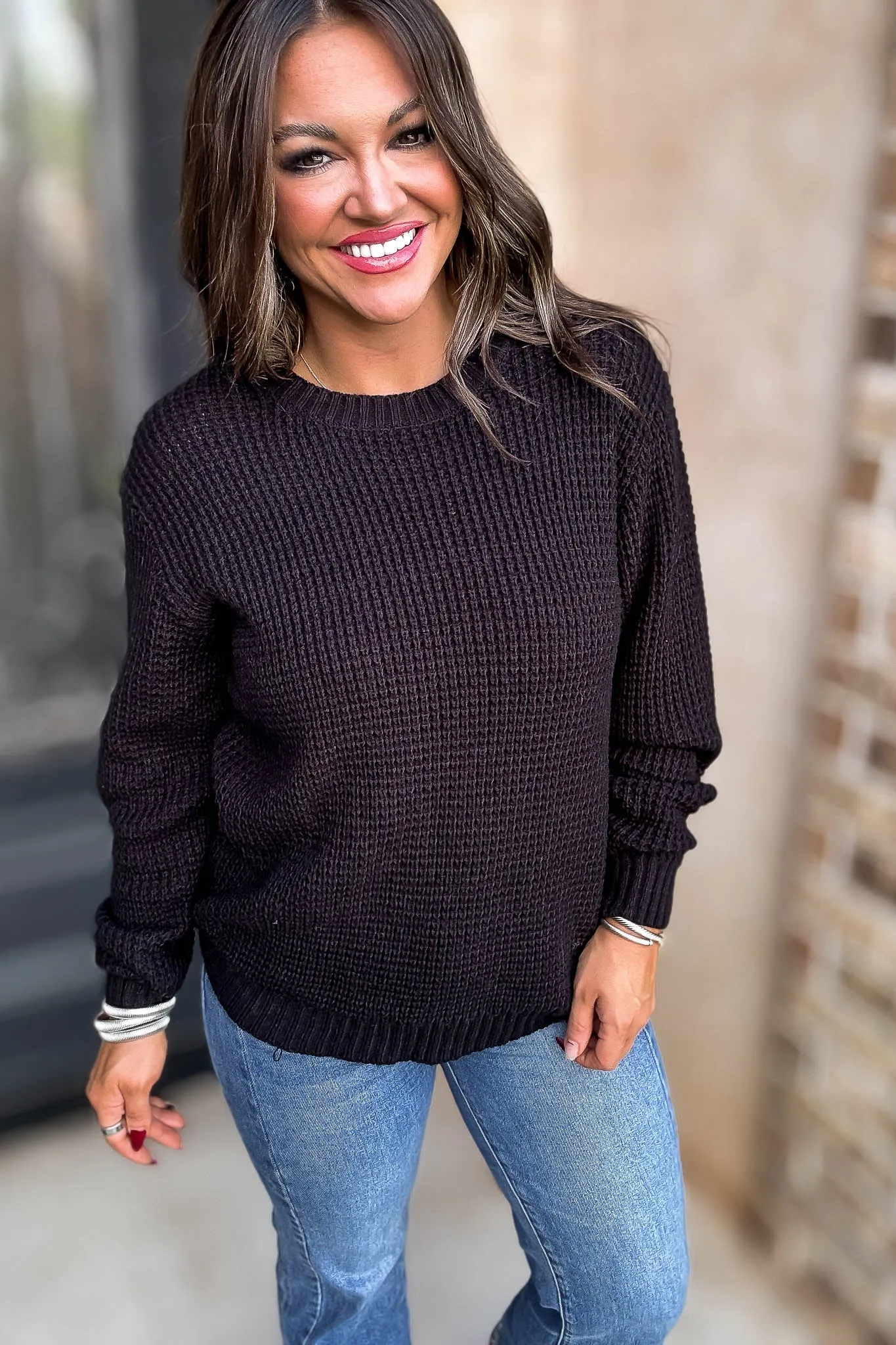 Merry And Bright Black Hi-Low Long Sleeve Round Neck Waffle Sweater