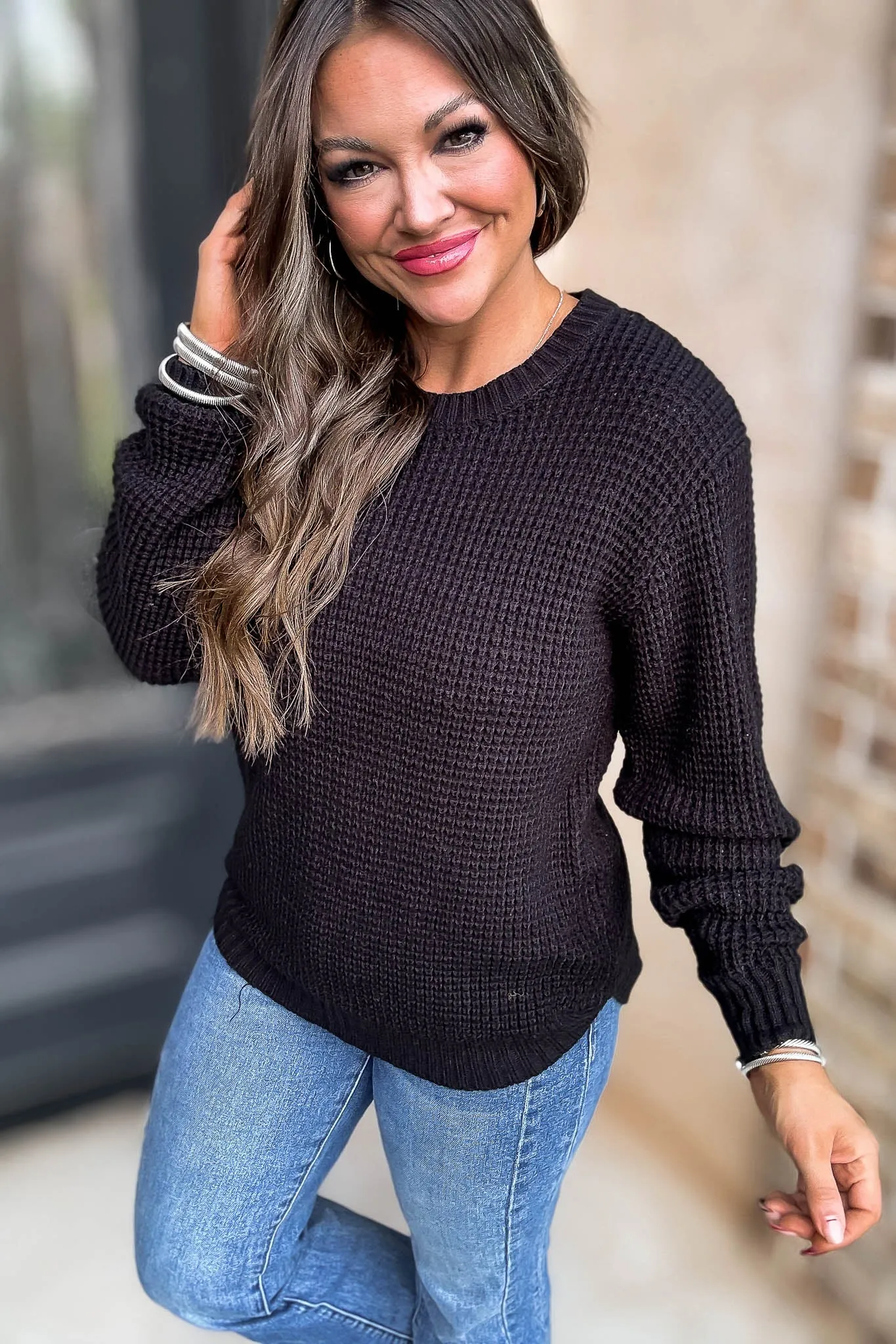 Merry And Bright Black Hi-Low Long Sleeve Round Neck Waffle Sweater