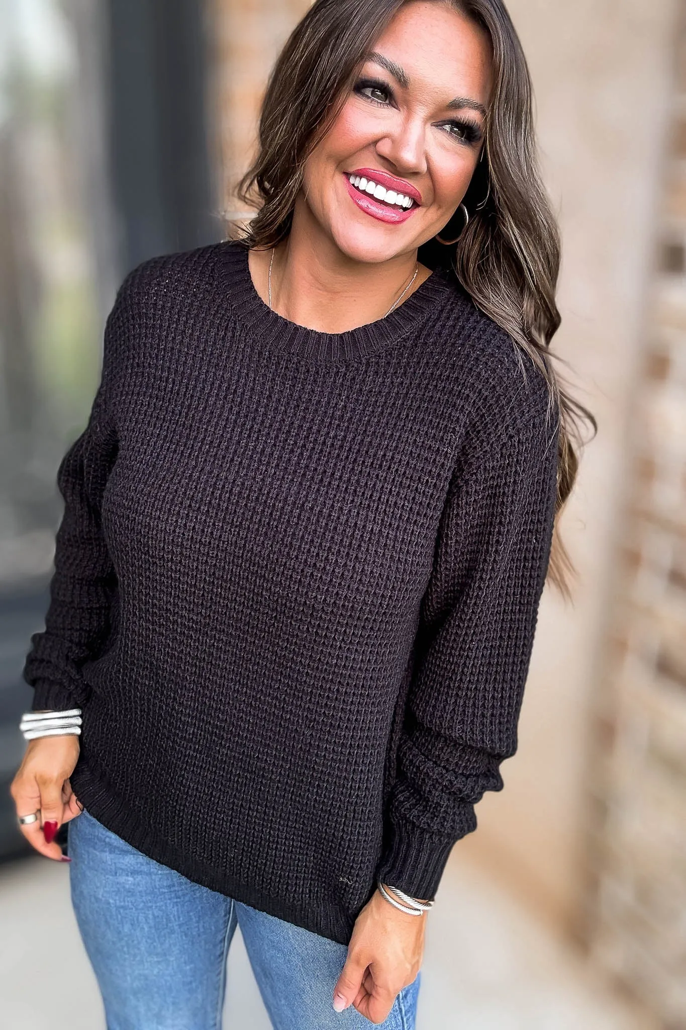 Merry And Bright Black Hi-Low Long Sleeve Round Neck Waffle Sweater