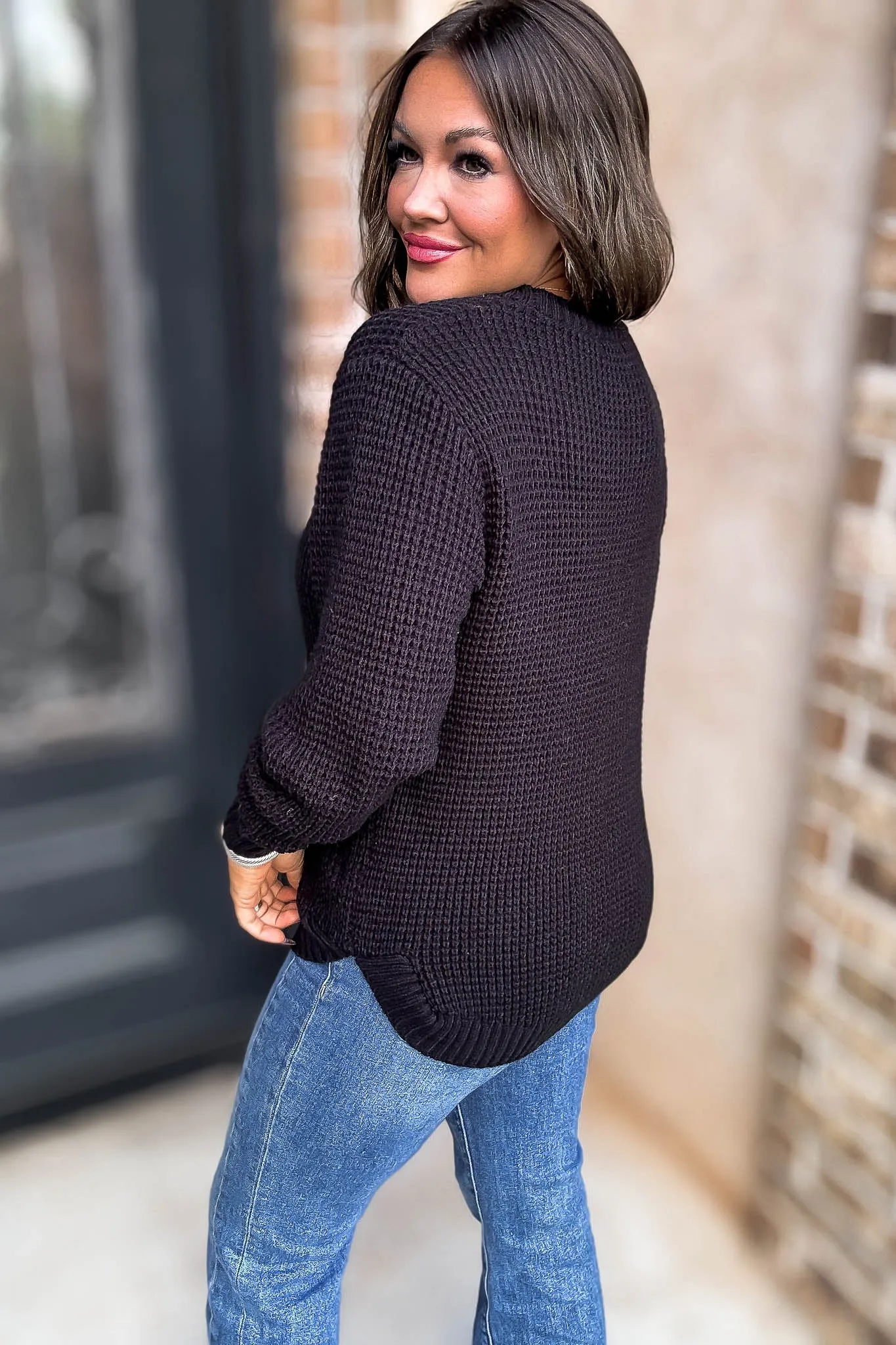 Merry And Bright Black Hi-Low Long Sleeve Round Neck Waffle Sweater