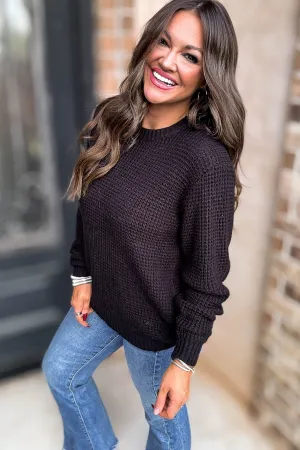 Merry And Bright Black Hi-Low Long Sleeve Round Neck Waffle Sweater