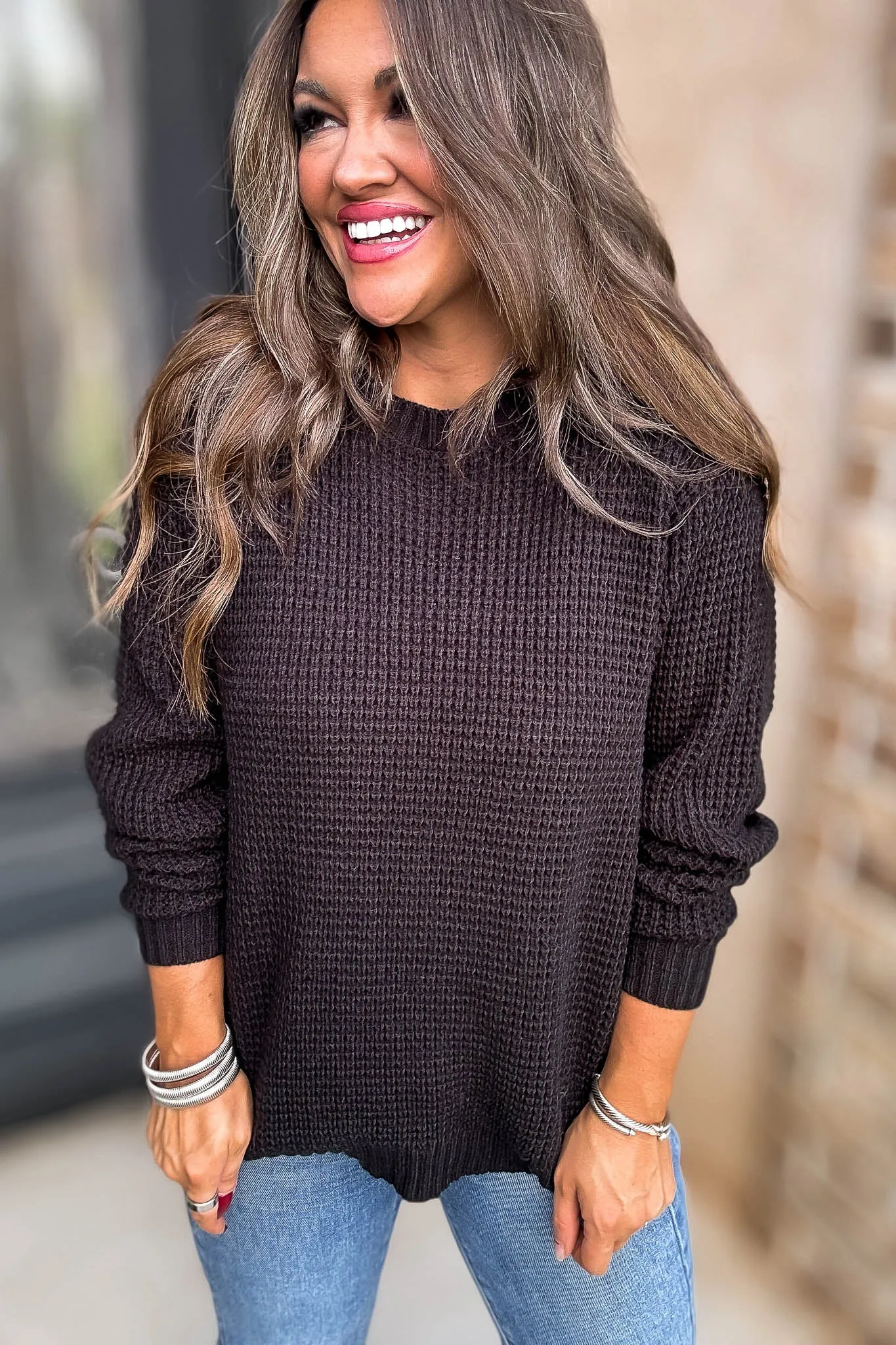 Merry And Bright Black Hi-Low Long Sleeve Round Neck Waffle Sweater