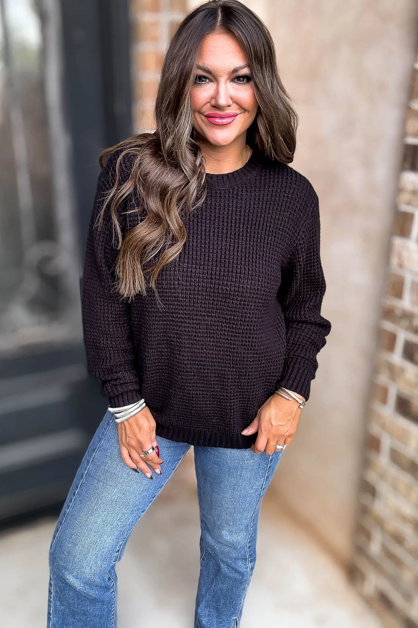 Merry And Bright Black Hi-Low Long Sleeve Round Neck Waffle Sweater