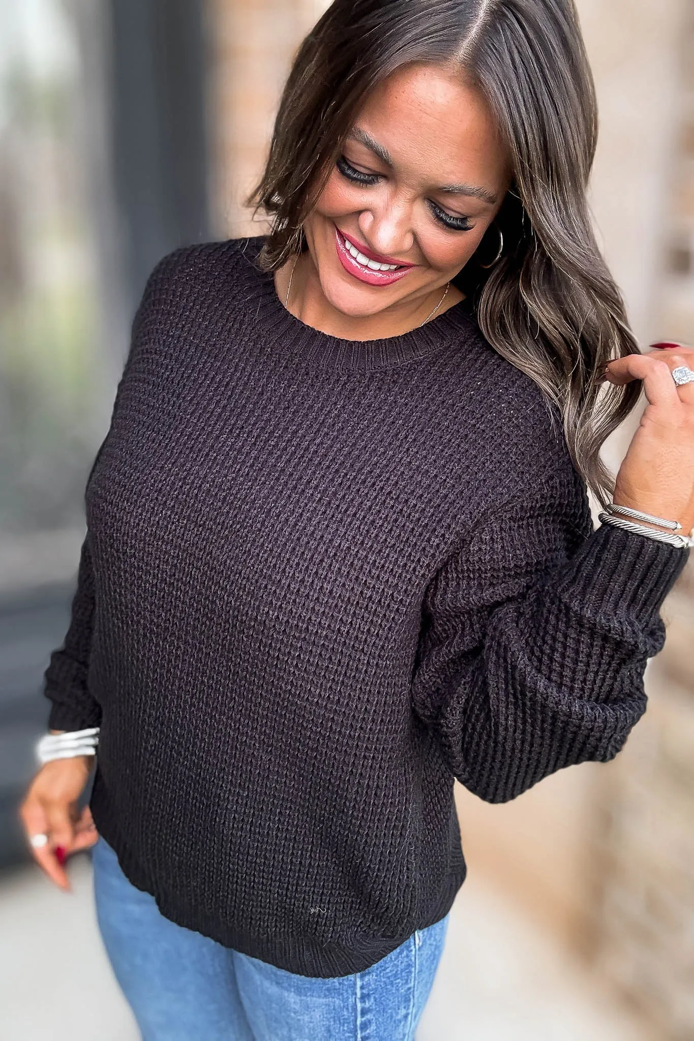 Merry And Bright Black Hi-Low Long Sleeve Round Neck Waffle Sweater