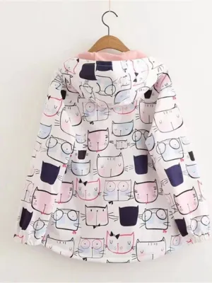 Metaversmall Women Jackets Preppy Style Cute Cat Printed Hooded Jacket Long Sleeve Harajuku Coat Mori Girls' Sweet Outwear S-L