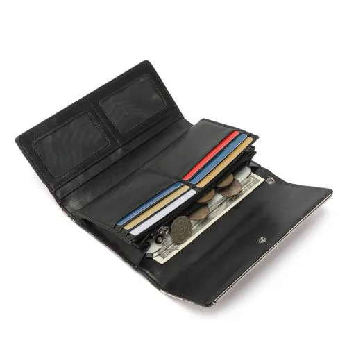 Miss Lulu Ladies' Flower Printed PU Leather Long Purse - Elegant & Spacious Black Wallet with Card Slots