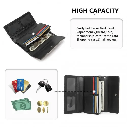 Miss Lulu Ladies' Flower Printed PU Leather Long Purse - Elegant & Spacious Black Wallet with Card Slots