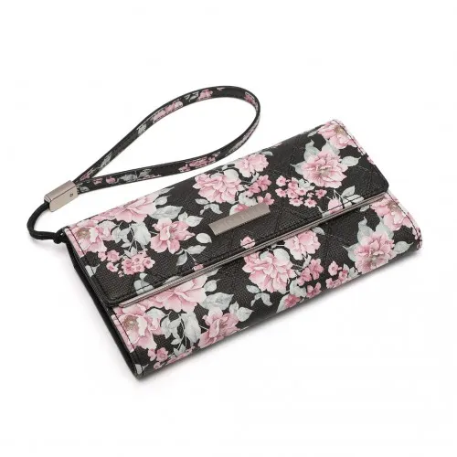 Miss Lulu Ladies' Flower Printed PU Leather Long Purse - Elegant & Spacious Black Wallet with Card Slots