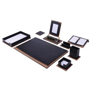 MOOG Star Leather Desk Set -Walnut Wood Combination - Black -11 PCS