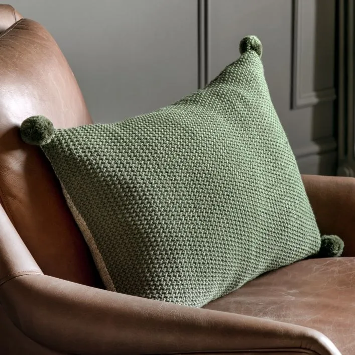 Moss Stitch PomPom Cushion Cover - Green