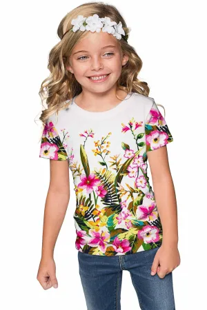 Mountain Garden Zoe White Floral Tropical Print Summer Eco Tee - Girls