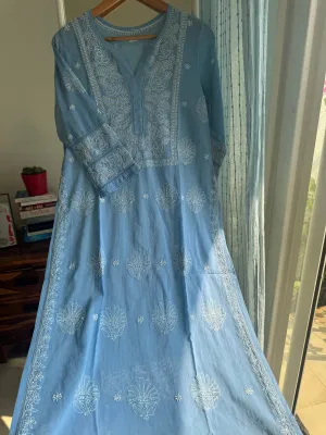Mul Cotton Chikankari Kurti - Blue