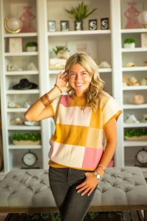 Multi Color Checkered Knit Top 49% Polyester 48%Cotton 3%Spandex