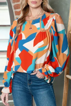 Multicolor Abstract Print Casual Puff Sleeve Blouse