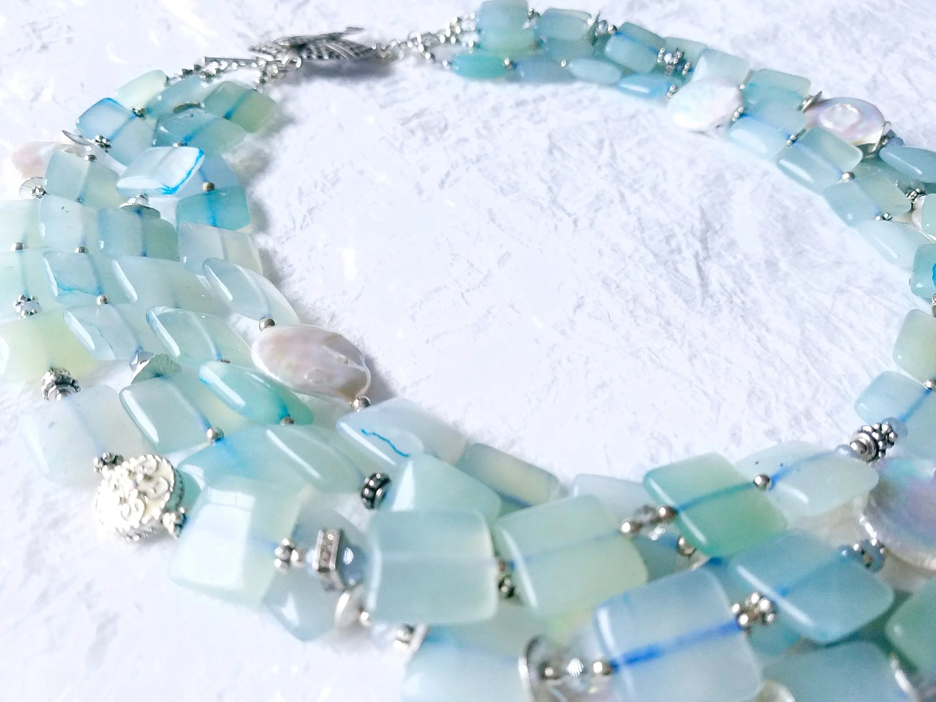 Multistrand Soft Blue Square Agate Cultured Coin Pearls Swarovski Crystal Elements Handmade Sterling Silver Clasp, The Morning Glory