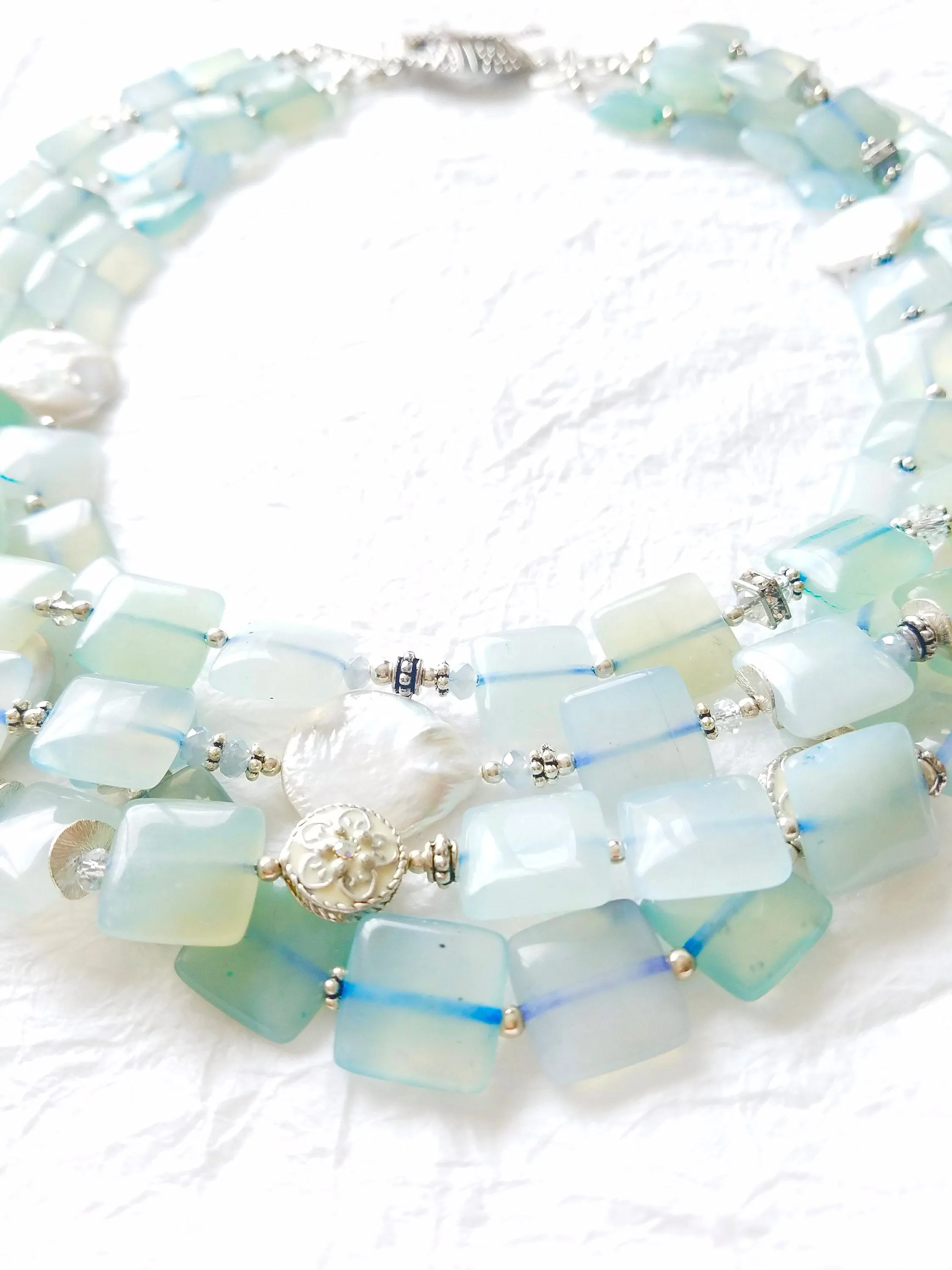 Multistrand Soft Blue Square Agate Cultured Coin Pearls Swarovski Crystal Elements Handmade Sterling Silver Clasp, The Morning Glory