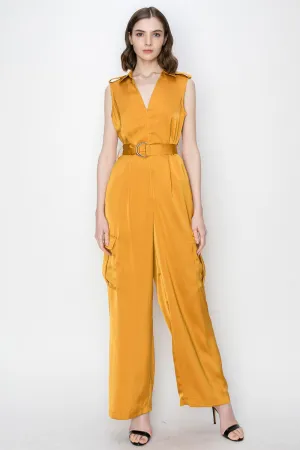 Mustard Satin V-Neck Side Pockets Cargo Pants Jumpsuit