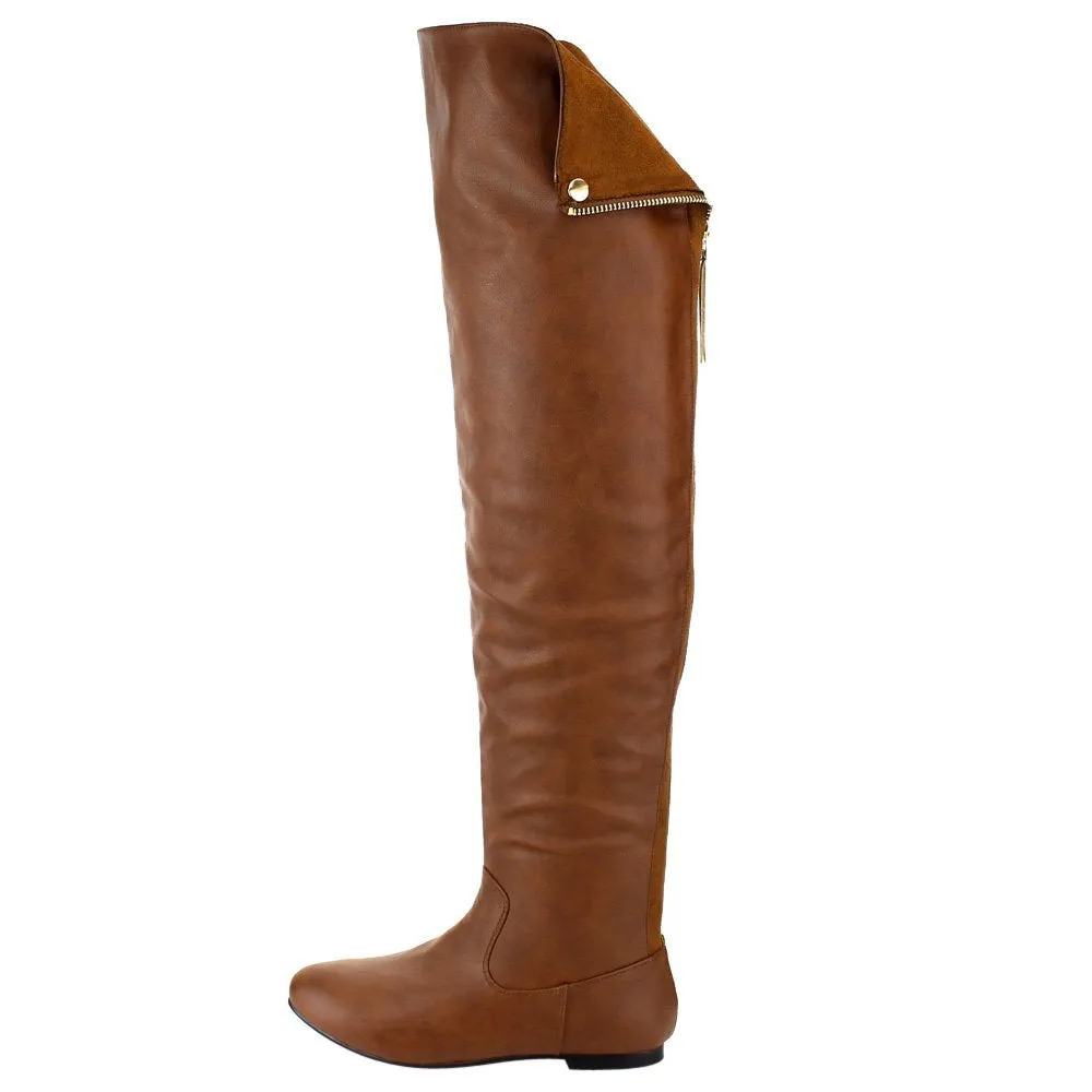 NATURE BREEZE FE61 Women Snap Cuff Over The Knee Flat Heel Boots