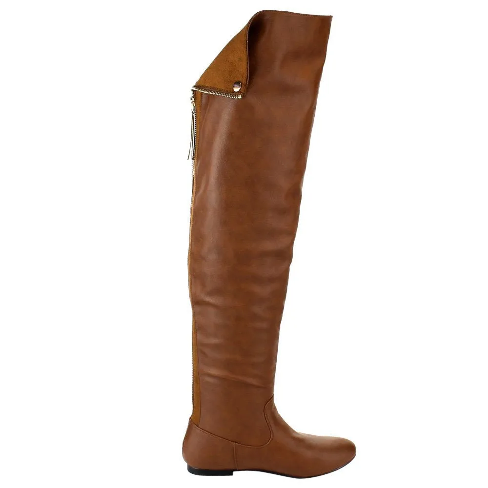 NATURE BREEZE FE61 Women Snap Cuff Over The Knee Flat Heel Boots