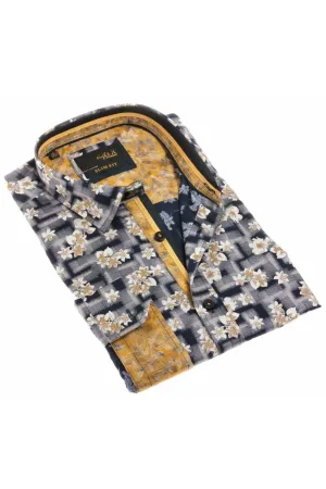 Navy Floral Print Button Down Shirt W/ Trim