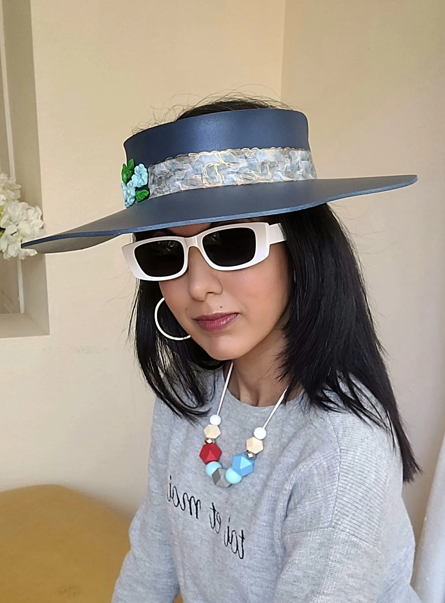 Navy Lotus Visor Hat with Blue Abstract Band and Baby Blue Floral Charms