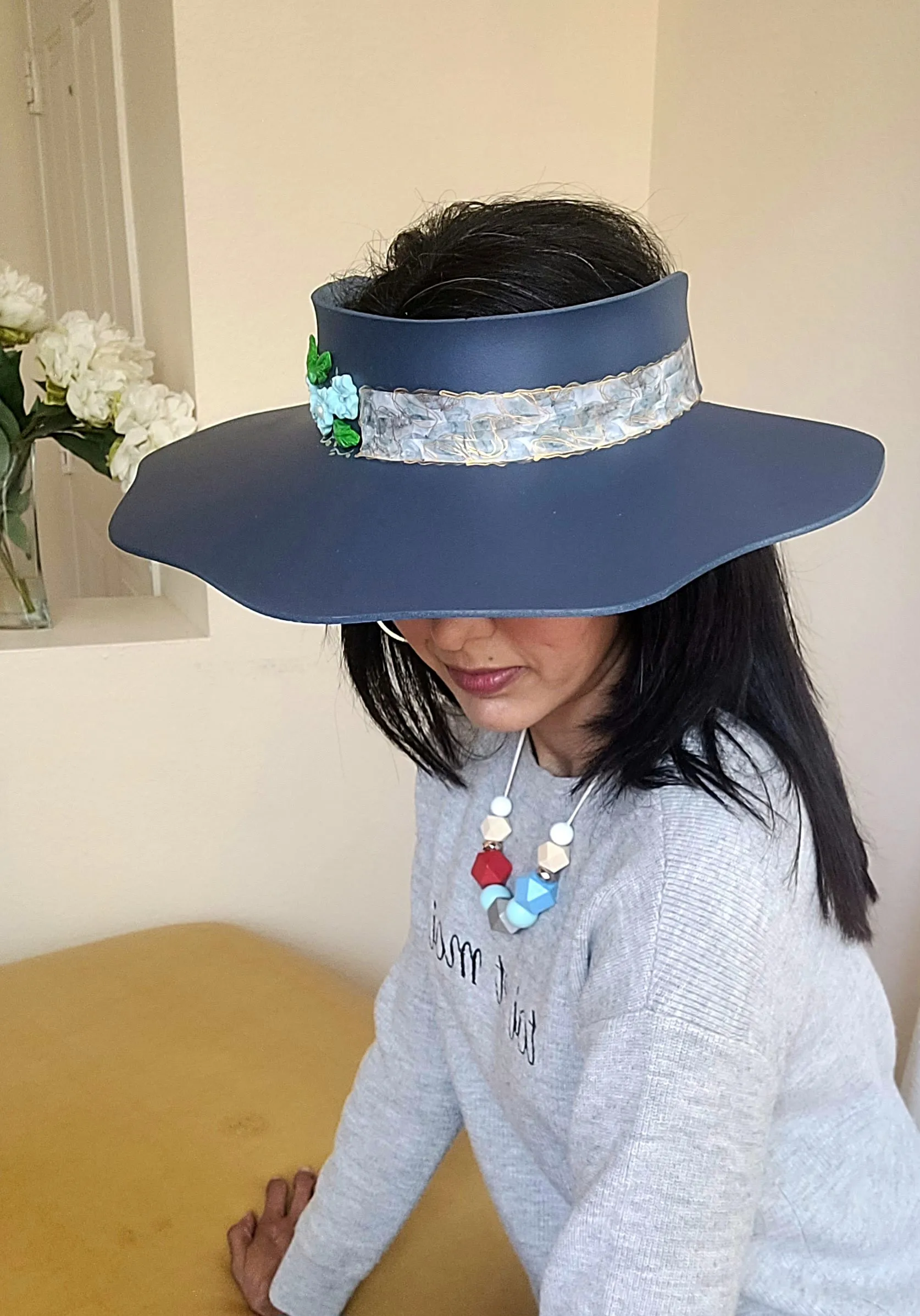 Navy Lotus Visor Hat with Blue Abstract Band and Baby Blue Floral Charms