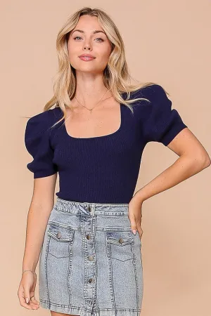 Navy Puff Sleeve Sweater Ribbed Knit Top