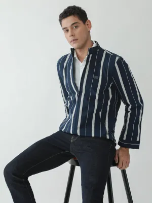Navy Striped Zipper Jacket