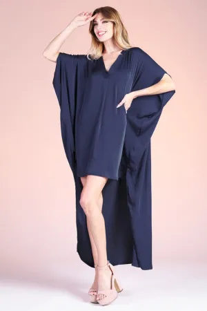 Navy Washed Poly Silk Notched High Low Caftan Dress