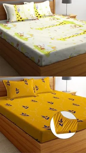 Neekshaa Combo Pack of 2 Super Soft Elastic Fitted Glace Cotton Double Bedsheets with 4 Pillow Covers Size-72x72 8 inches, Multicolor (Model no.-6)