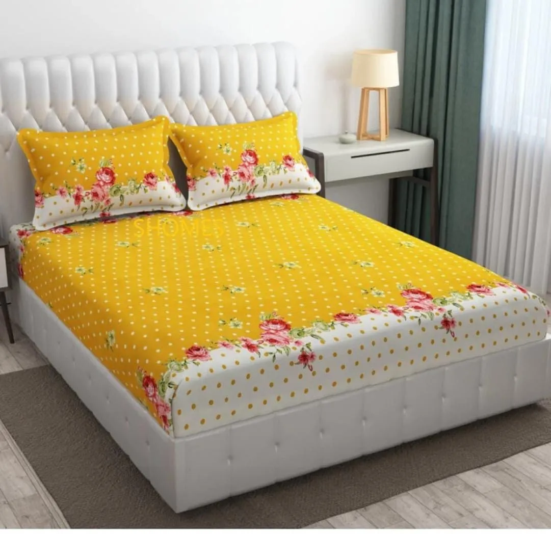Neekshaa Combo Pack of 2 Super Soft Elastic Fitted Glace Cotton Double Bedsheets with 4 Pillow Covers_Size-72 x 78   8 Inches, Multicolor (Model no.-25)