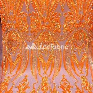 Neon Orange Geometric Sequin Fabric _ Embroidered 4 Way Stretch Mesh