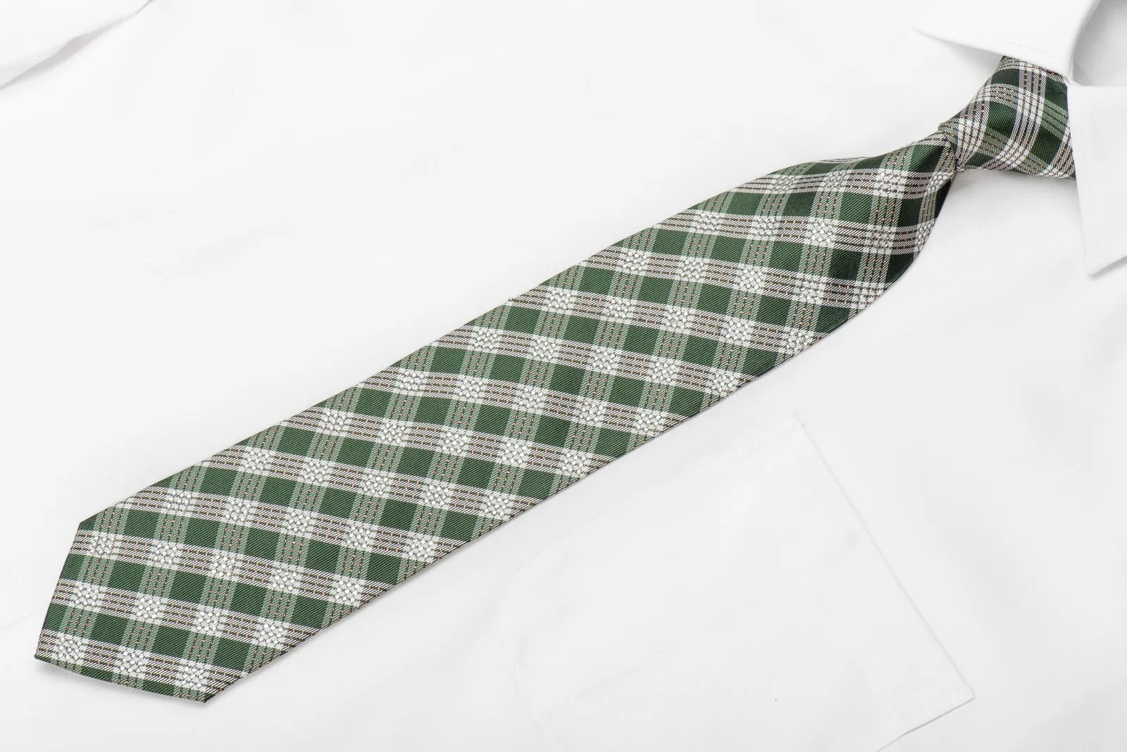 Nicole St Giles Men's Crystal Silk Necktie Green Beige Plaids With Copper Sparkles