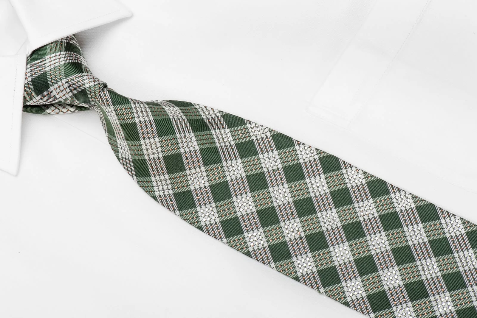Nicole St Giles Men's Crystal Silk Necktie Green Beige Plaids With Copper Sparkles