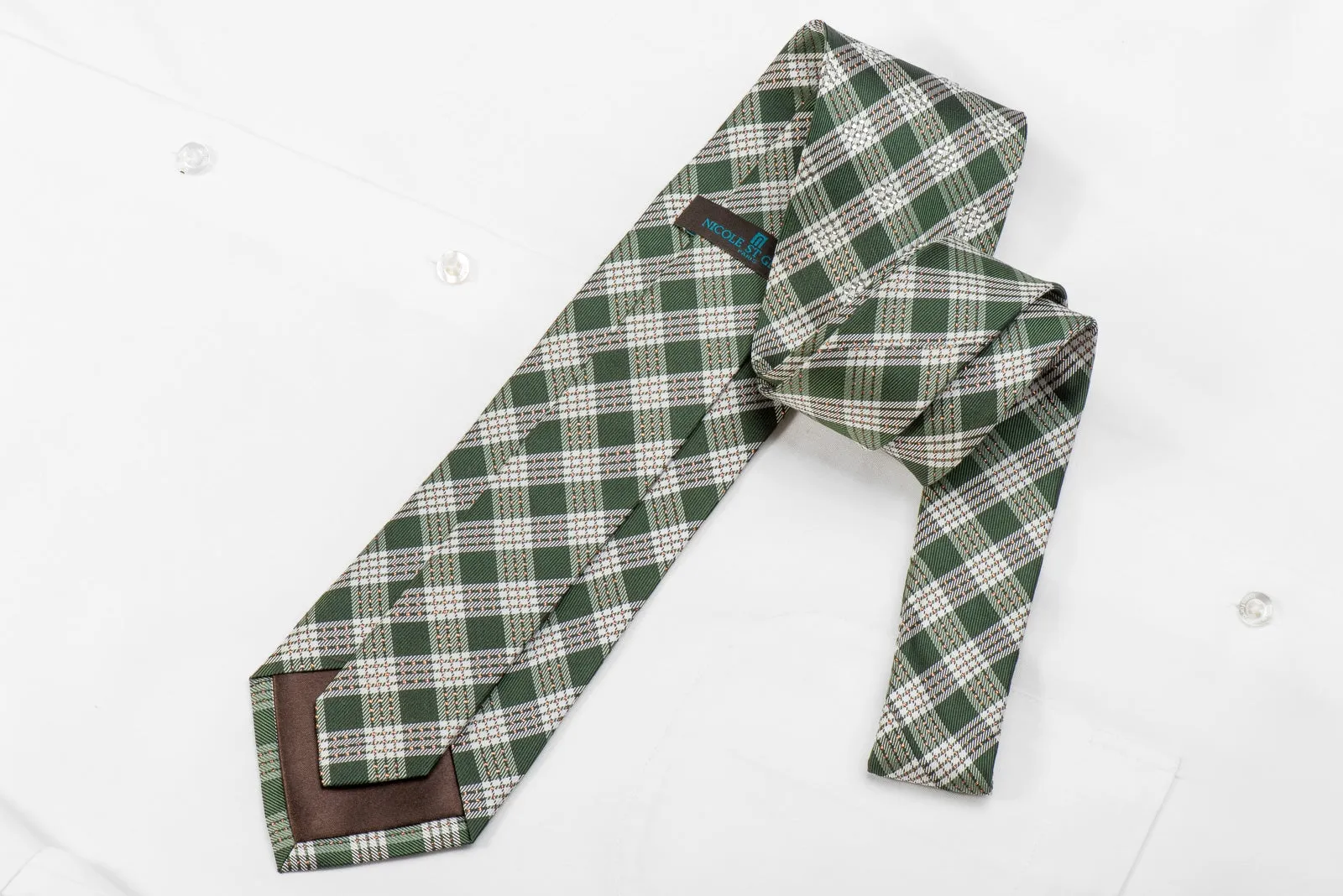 Nicole St Giles Men's Crystal Silk Necktie Green Beige Plaids With Copper Sparkles