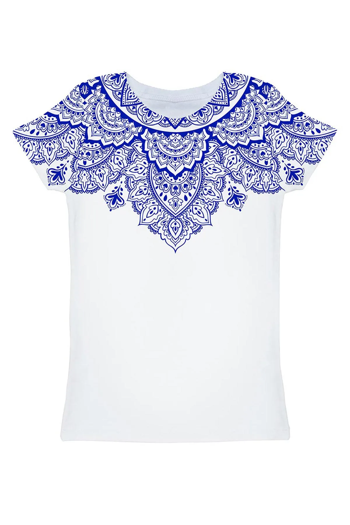 Nirvana Zoe White & Blue Geometric Boho Print T-Shirt - Women