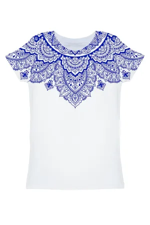 Nirvana Zoe White & Blue Geometric Boho Print T-Shirt - Women