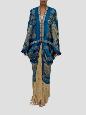 Ocean Blues Metallic Silk Lame Cocoon With Fringe and Vintage Blue Clasp