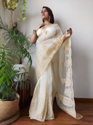 Off White Semi-Pure Organza Saree with Exquisite Lucknowi Work & Matching Blouse