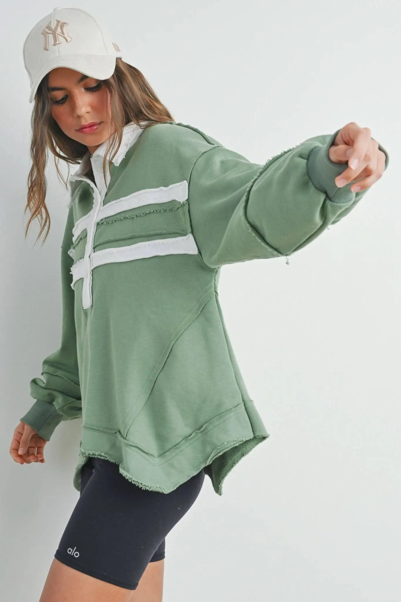 Olive   Ivory Collared Pullover Sweatshirt