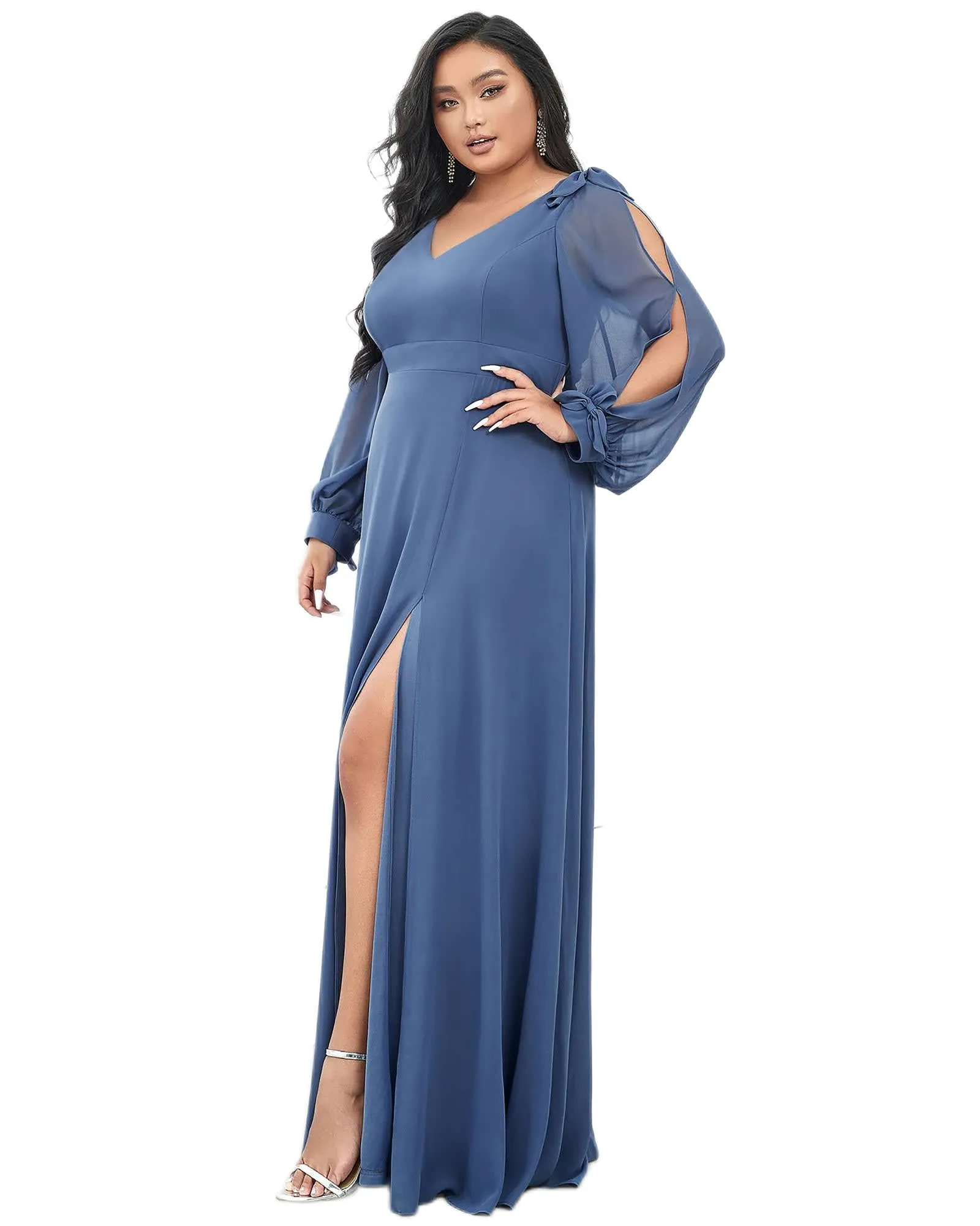 Open Lantern Sleeve A-Line Bridesmaid Dress | Dusty Navy