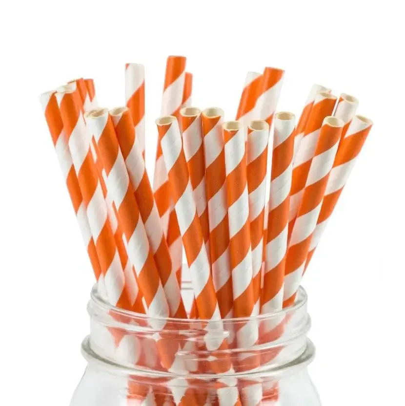 Orange Striped Paper Straws - 25 Pkt