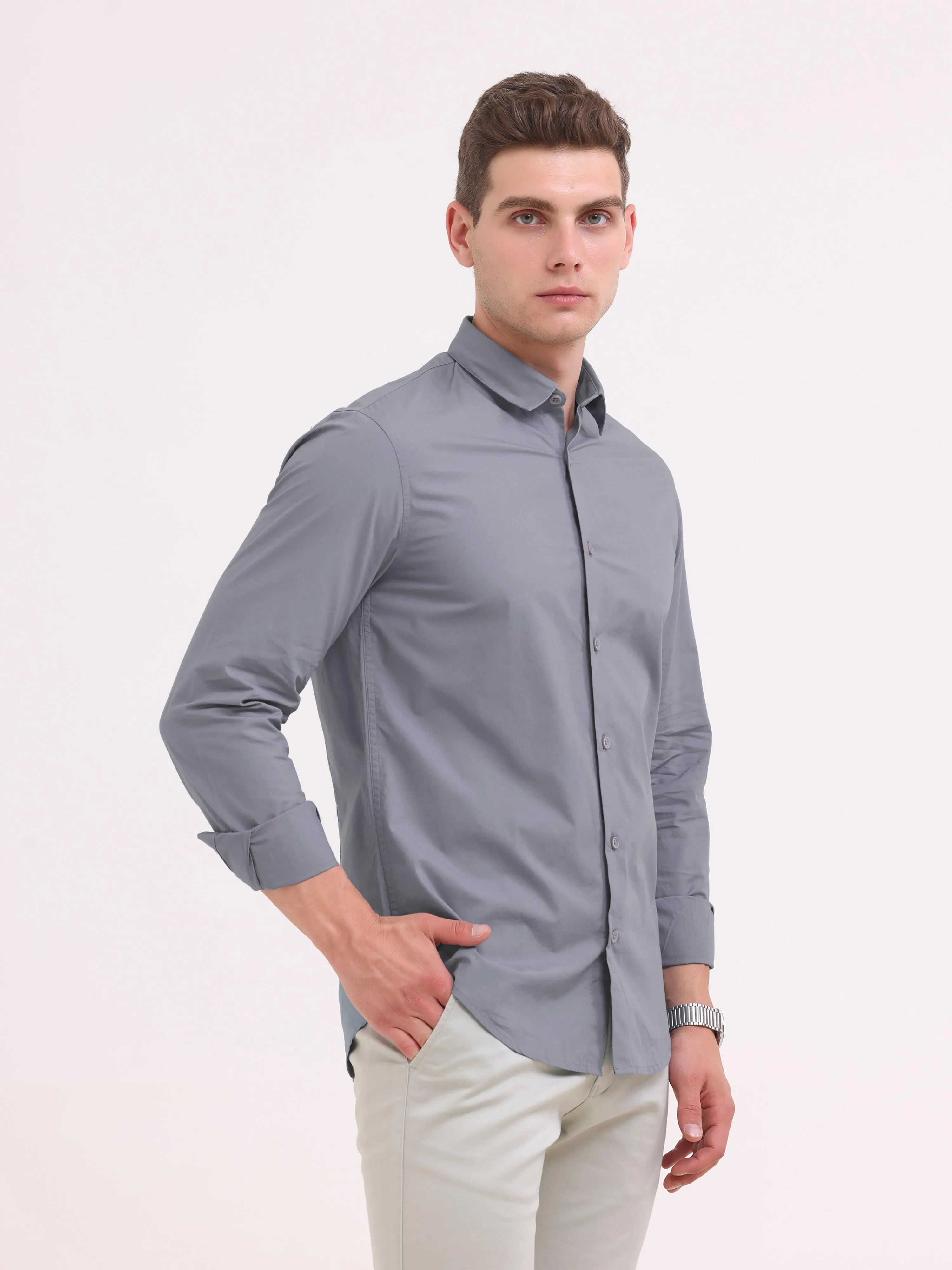 Orchida Plain Full Sleeve Poplin Shirt - Gray