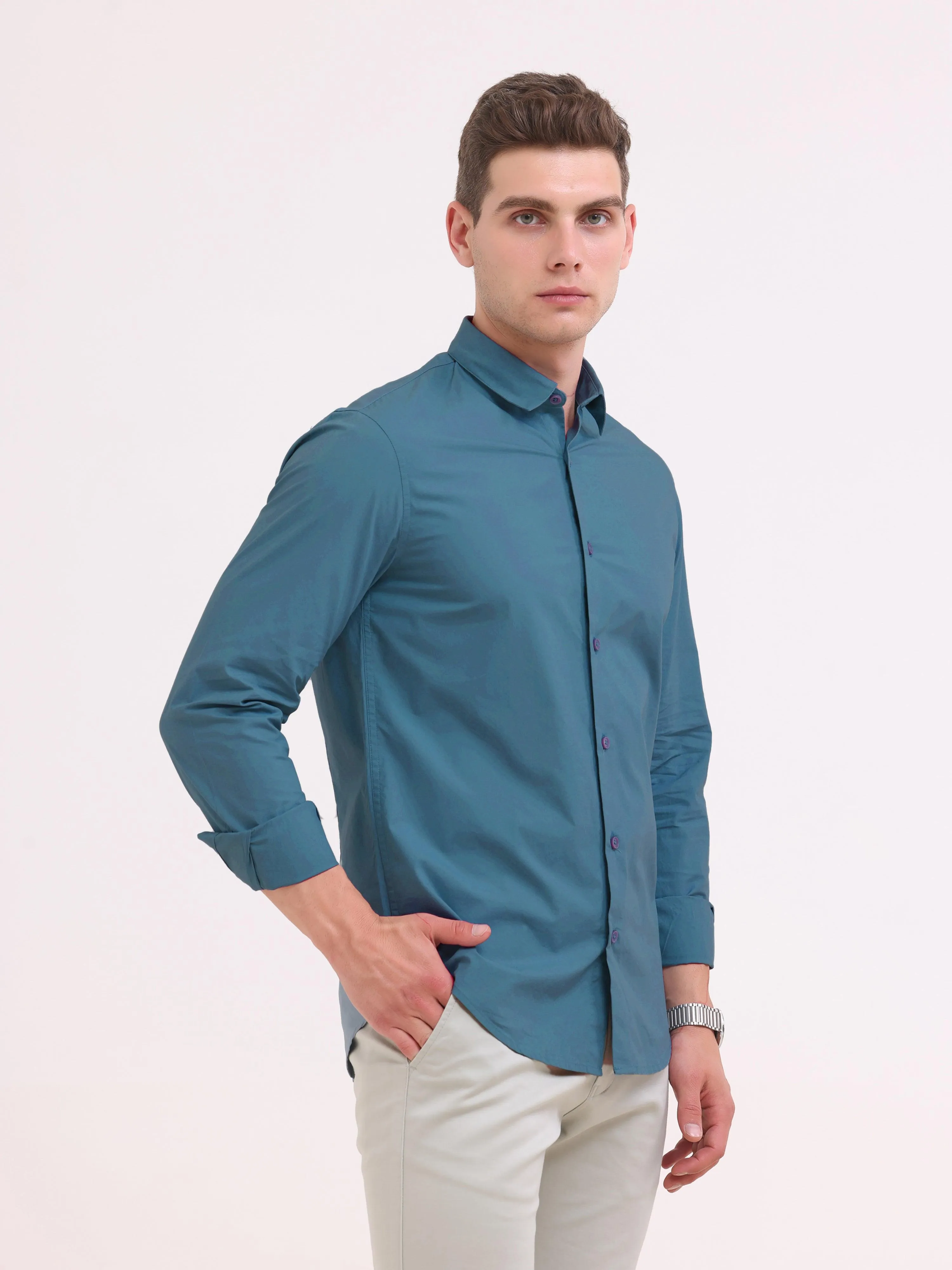 Orchida Plain Full Sleeve Poplin Shirt Teal Blue